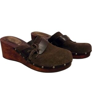 Vintage Y2k 90's American Eagle Wooden Heel‎ Clog Leather Women's Size 10 Brown